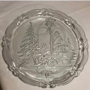 Vintage Japan 1992 Crystal Clear Studios Christmas Joy Glass Platter, 14 In.